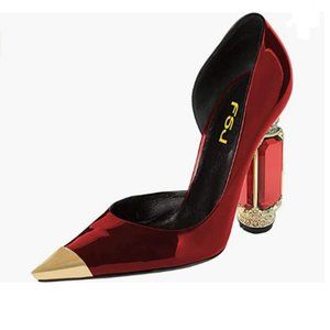 FSJ Red Patent Pointed Toe Chunky Block Low Heel Pumps